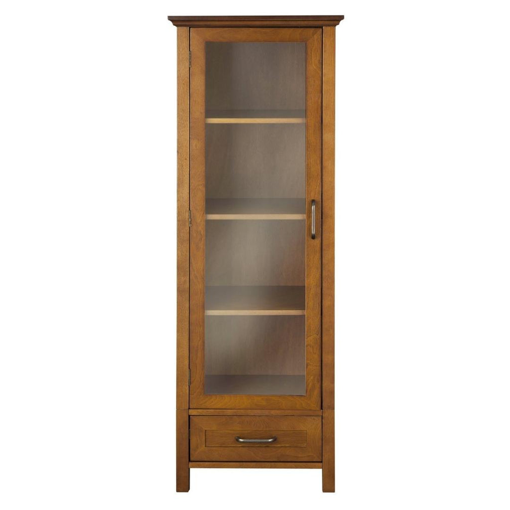 Oak Finish Linen Tower Glass Door Bathroom Storage Cabinet w- Drawer