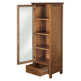 Oak Finish Linen Tower Glass Door Bathroom Storage Cabinet w- Drawer