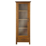 Oak Finish Linen Tower Glass Door Bathroom Storage Cabinet w- Drawer