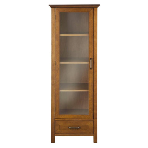 Oak Finish Linen Tower Glass Door Bathroom Storage Cabinet w- Drawer