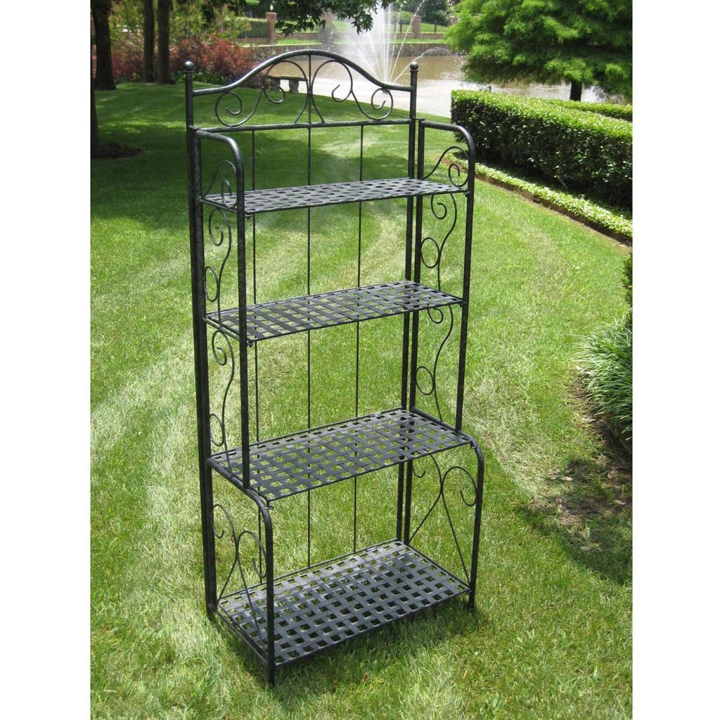 Indoor - Outdoor Folding Metal Bakers Rack with 4-Tier Lattice Shelves in Black Iron
