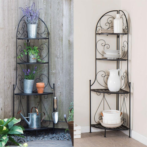 Indoor - Outdoor Corner Bakers Rack Folding Metal Plant Stand with 4-Shelves