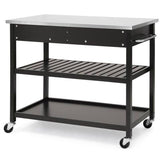 Stainless Steel Top Black Wood Frame Kitchen Island Cart on Casters