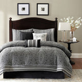 Queen size 7-Piece Comforter Set in Black White Grey Damask Pattern