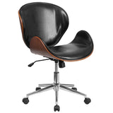 Mid-Back Walnut - Black Faux Leather Office Chair with Curved Bentwood Seat