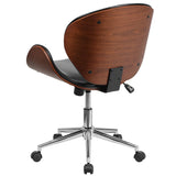 Mid-Back Walnut - Black Faux Leather Office Chair with Curved Bentwood Seat