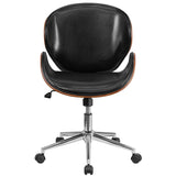 Mid-Back Walnut - Black Faux Leather Office Chair with Curved Bentwood Seat