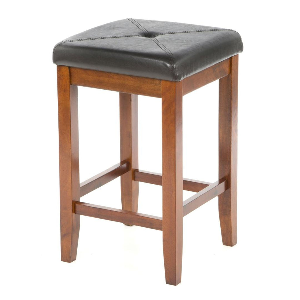 Set of 2 - 24-inch High Cherry Bar Stools w- Cushion Faux Leather Seat