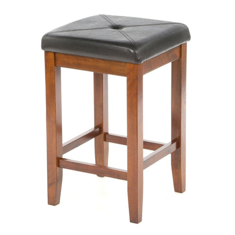Set of 2 - 24-inch High Cherry Bar Stools w- Cushion Faux Leather Seat