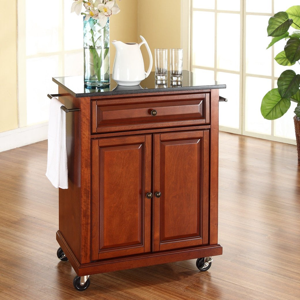 Cherry Portable Kitchen Island Cart w- Granite Top & Locking Wheels