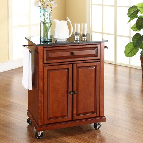 Cherry Portable Kitchen Island Cart w- Granite Top & Locking Wheels