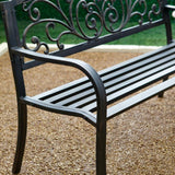 Outdoor Garden Bench with Slatted Seat and Rustic Metal Finish