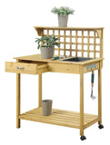 Natural Wood Finish Potting Bench with Trellis Shelving and Sink