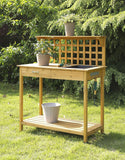 Natural Wood Finish Potting Bench with Trellis Shelving and Sink