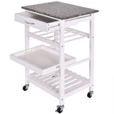 Rolling White Wood Granite Top Kitchen Island Cart