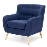 Dark Blue Linen Upholstered Tufted Armchair with Modern Mid-Century Style Wood Legs