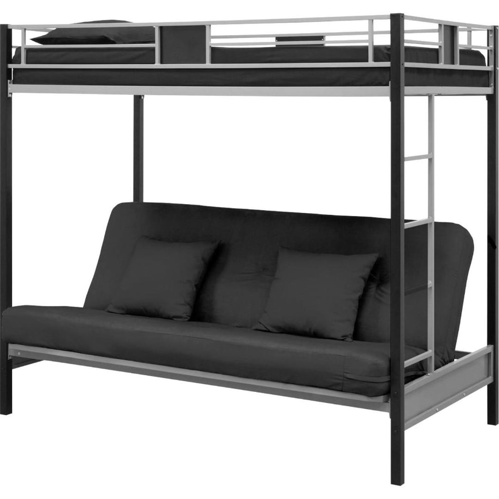 Twin over Futon Bunk Bed in Silver - Black Metal Finish