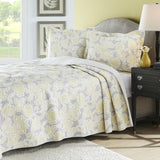 Full - Queen Yellow Gray Floral 100% Cotton Reversible Quilt Coverlet Set