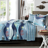 Full - Queen Blue Serenity Sea Fish Coral Coverlet Quilt Bedspread Set
