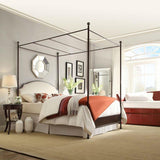 Full size Metal Canopy Bed with Cream White Linen Upholstered Headboard