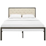 Full size Metal Platform Bed Frame with Beige Button Tufted Fabric Headboard