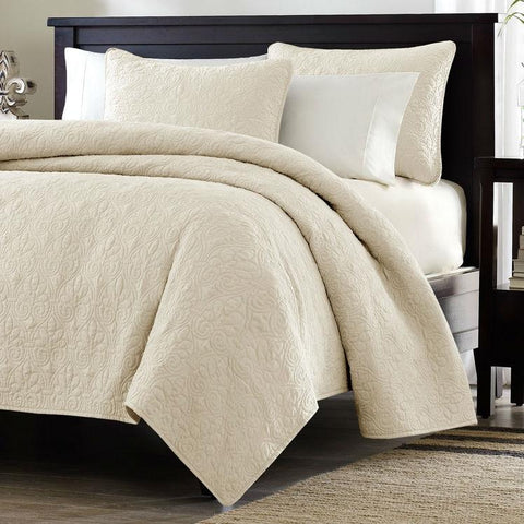 Full - Queen Ivory Beige Quilted Coverlet Quilt Set with 2 Shams