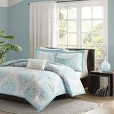 Full - Queen size 5-Piece Damask Comforter Set in Light Blue White and Grey