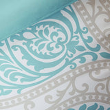 Full - Queen size 5-Piece Damask Comforter Set in Light Blue White and Grey