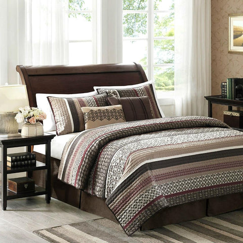 Full - Queen Red Cream Espresso Leaf Stripped 5-Piece Quilt Coverlet Set