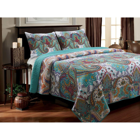 Full - Queen Teal Paisley 3-Piece Quilt Set in 100-Percent Cotton
