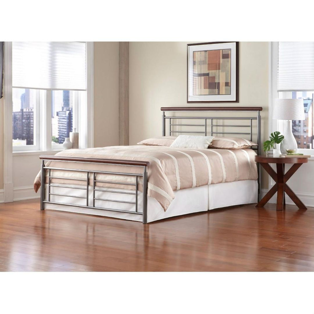 Full size Contemporary Metal Bed in Silver - Cherry Finish