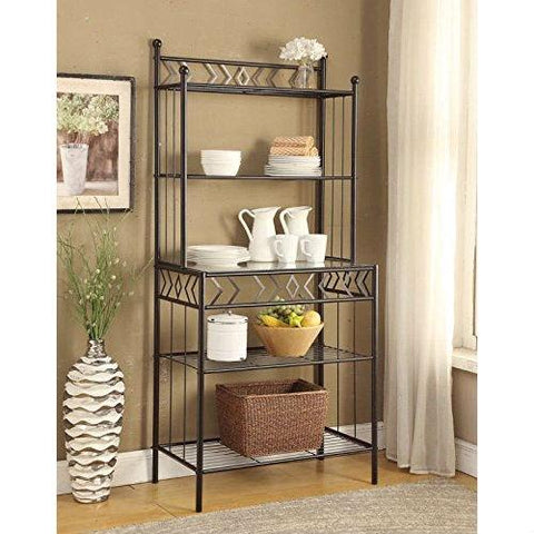 Kitchen Bakers Rack in Black Metal with Marble Finish Top