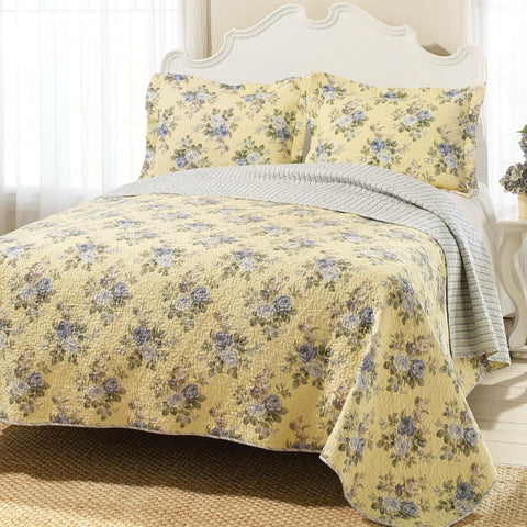 Full - Queen Yellow Blue Floral Lightweight Coverlet Set