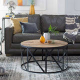 Round Metal and Wood Drum Shaped Coffee Table