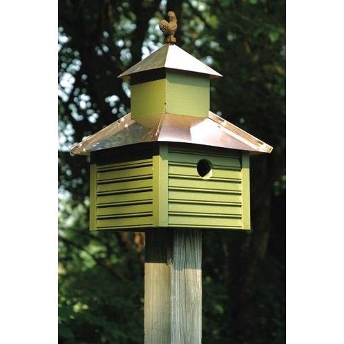 Pinion Green Birdhouse with White - Bright Copper Roof and Rooster Top