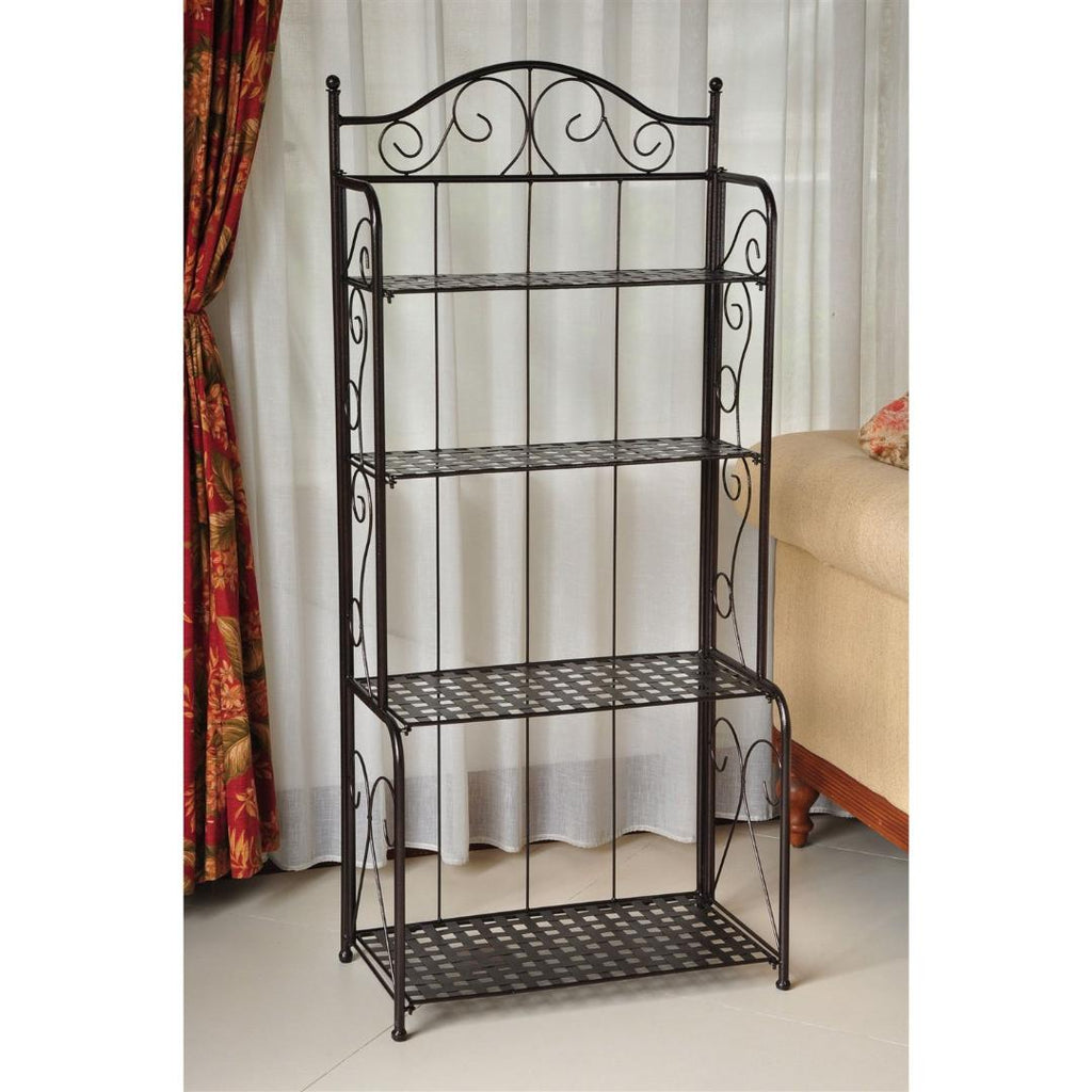 Indoor - Outdoor Folding Iron 4-Shelf Bakers Rack in Bronze with Lattice Shelves