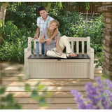 Patio Bench with Arm Rest and Storage Box in Beige Weather Resistant Resin