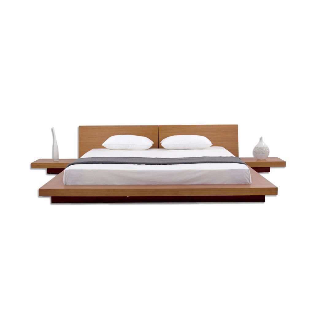 King size Modern Japanese Style Platform Bed with Headboard and 2 Nightstands in Oak