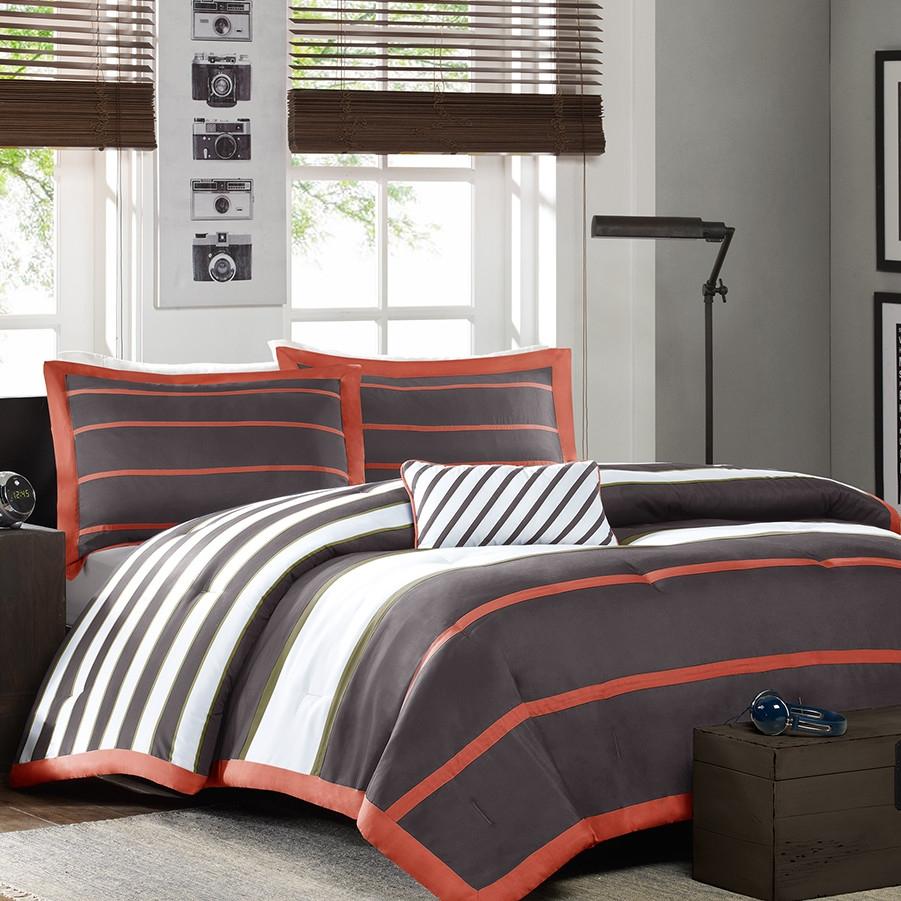 Full - Queen Bed Bag Comforter Set in Dark Gray Orange White Stripes