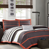 Full - Queen Bed Bag Comforter Set in Dark Gray Orange White Stripes