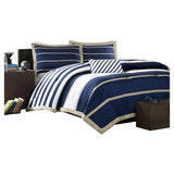 Full - Queen size Comforter Set in Navy Blue White Khaki Stripe