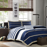 Full - Queen size Comforter Set in Navy Blue White Khaki Stripe