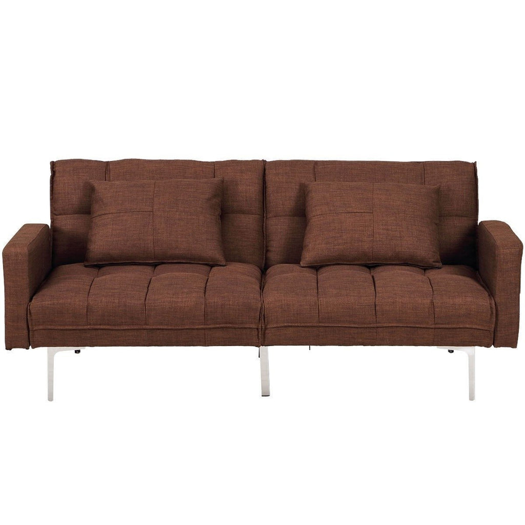 Modern Brown Linen Futon Sofa Bed Couch with Metal Legs
