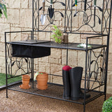 Black Metal Potting Bench with Wrought Iron Vine Details and Fabric Potting Sink