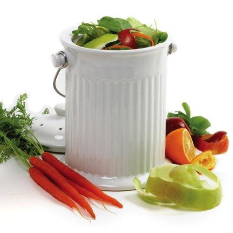 White Ceramic Compost Keeper-Bin with Odor Preventing Charcoal Filter