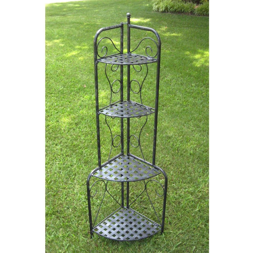 Indoor - Outdoor Folding Corner Bakers Rack 4-Shelf Lattice Plant Stand Antique Black