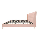 King size Pink Linen Upholstered Wingback Platform Bed Mid-Century Modern
