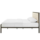 Queen size Modern Metal Platform Bed with Beige Button Tufted Headboard Upholstered
