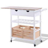 White Wood Kitchen Island Cart with Wine Rack and Wheels