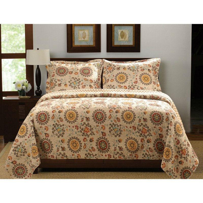 Full - Queen Retro Moon Shaped Floral Medallion Reversible 3 Piece Quilt Set
